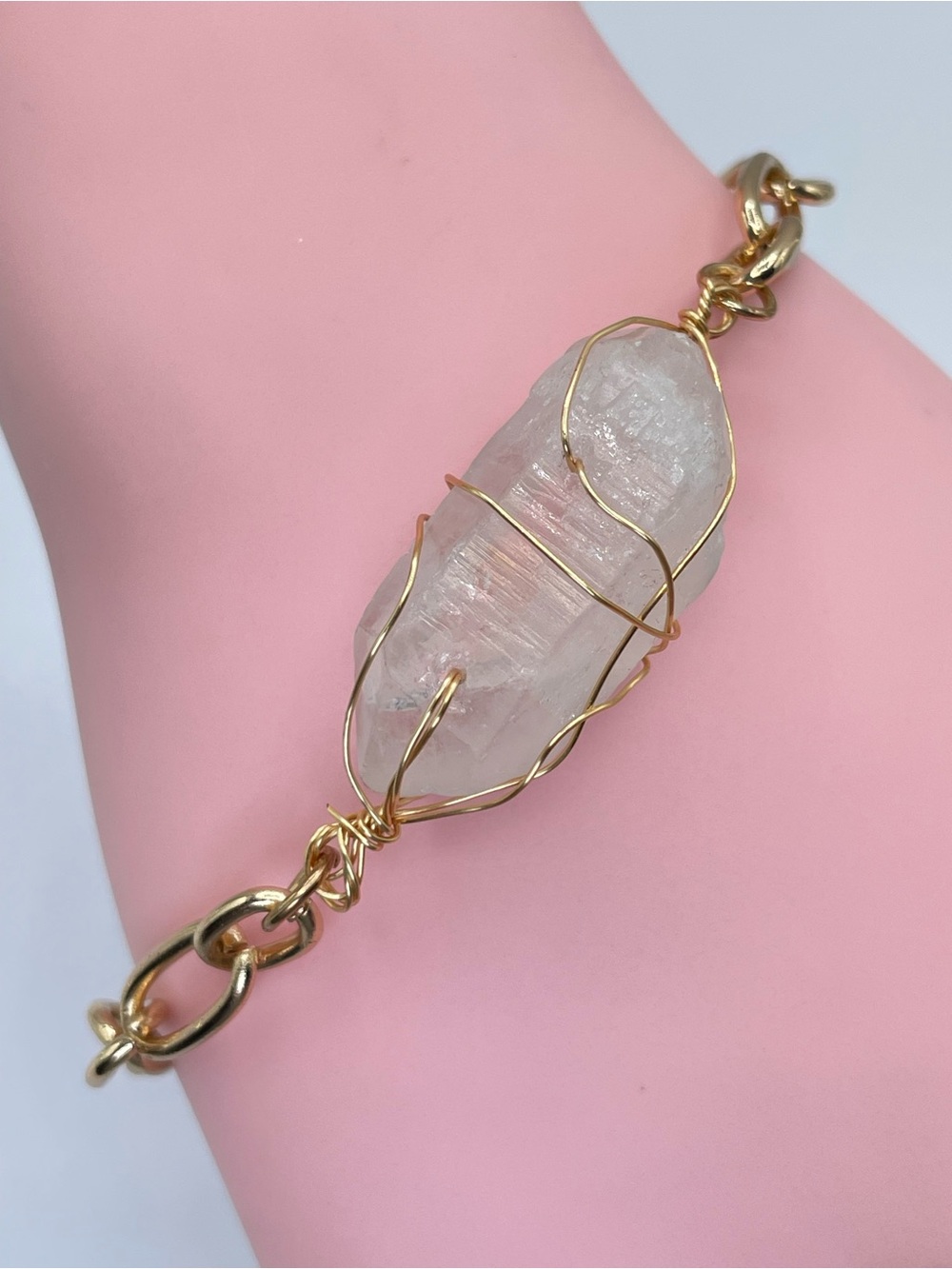 Gold Tone Raw Quartz Crystal Wire Wrapped Chain Link Bracelet Boho Statement